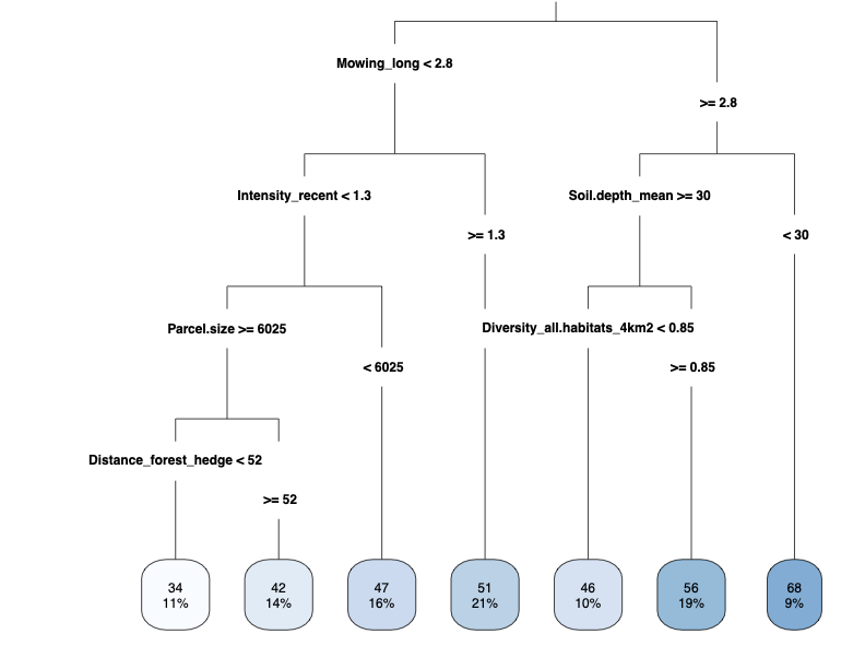 Vizualizácia regresného stromu v výskume, kde sa skúmala súvislosť biodiverzity s rôznymi faktormi.
